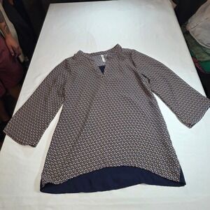 TRINITY Women Dressy Blouse Top XS Blue Peacock Print Long Sleeve Office Casual